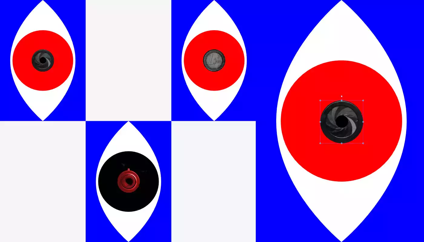 affiches avec pupilles en forme d’objectif, pièce de monnaie et canon de revolver