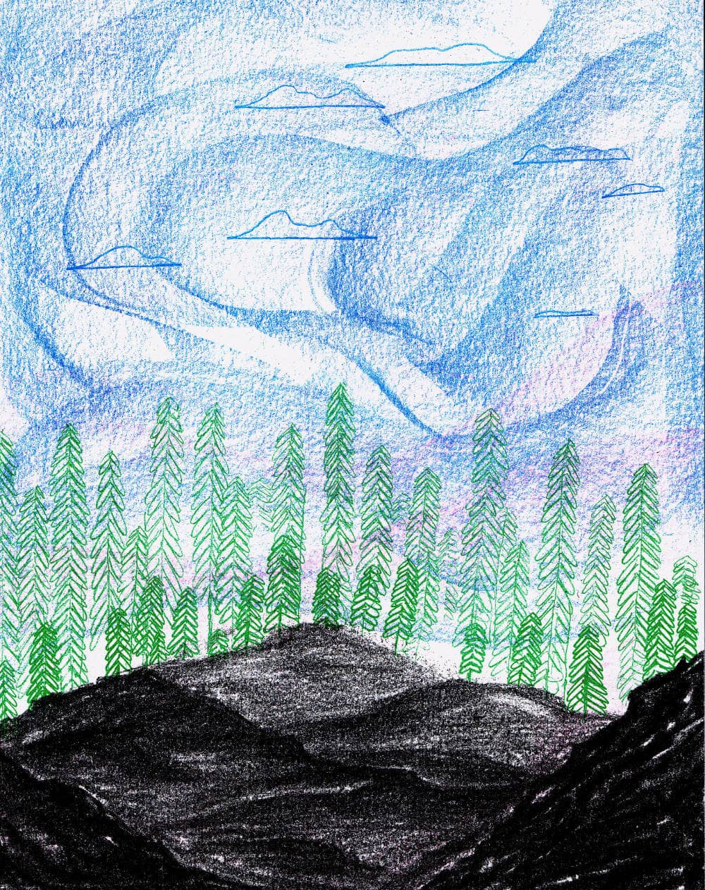 paysage en texture de crayon papier, imprimé en risographie
